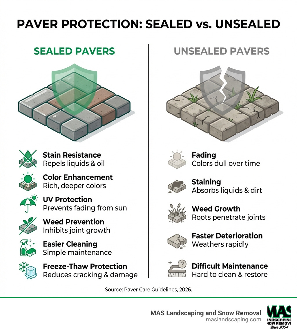 Infographic showing sealed vs unsealed pavers comparison with benefits including stain resistance, color enhancement, UV protection, weed prevention, easier cleaning, and freeze-thaw protection on the sealed side, versus fading, staining, weed growth, faster deterioration, and difficult maintenance on the unsealed side - Sealing paver patio infographic 