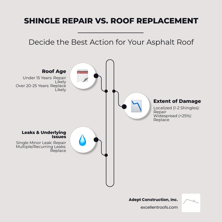 decision flowchart for shingle repair versus full roof replacement showing three decision points: roof age under 15 years or over 20 years, damage extent localized or widespread covering more than 25 percent of roof, and number of leaks single or multiple recurring leaks, with arrows leading to either repair or replace recommendations - replacing a shingle asphalt roof shingle infographic infographic-line-3-steps-elegant_beige decision flowchart for shingle repair versus full roof replacement showing three decision points: roof age under 15 years or over 20 years, damage extent localized or widespread covering more than 25 percent of roof, and number of leaks single or multiple recurring leaks, with arrows leading to either repair or replace recommendations - replacing a shingle asphalt roof shingle infographic infographic-line-3-steps-elegant_beige