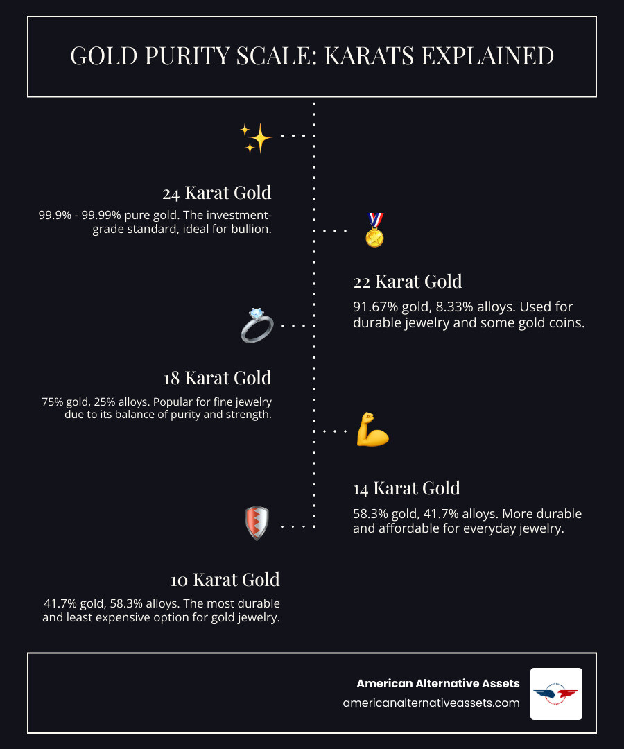 Infographic showing gold purity scale from 10K to 24K, displaying the percentage of pure gold versus alloy metals at each karat level, with 24K at 99.9% pure gold, 22K at 91.67%, 18K at 75%, 14K at 58.3%, and 10K at 41.7%, along with common uses for each purity level - 24 karat gold bullion infographic infographic-line-5-steps-dark
