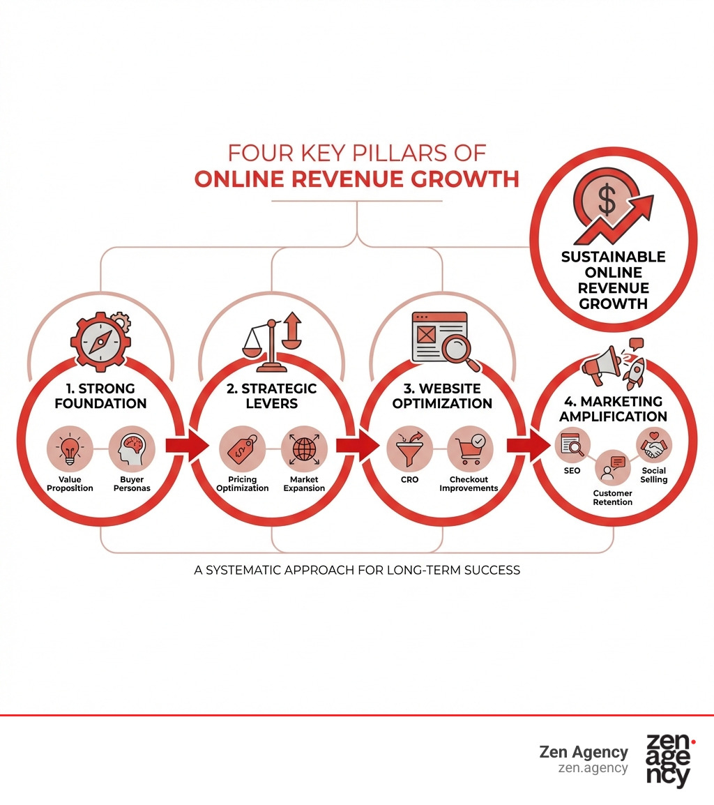 infographic showing the four key pillars of online revenue growth: Strong Foundation including value proposition and buyer personas; Strategic Levers including pricing optimization and market expansion; Website Optimization including CRO and checkout improvements; and Marketing Amplification including SEO, social selling, and customer retention - Grow online revenue infographic infographic showing the four key pillars of online revenue growth: Strong Foundation including value proposition and buyer personas; Strategic Levers including pricing optimization and market expansion; Website Optimization including CRO and checkout improvements; and Marketing Amplification including SEO, social selling, and customer retention - Grow online revenue infographic