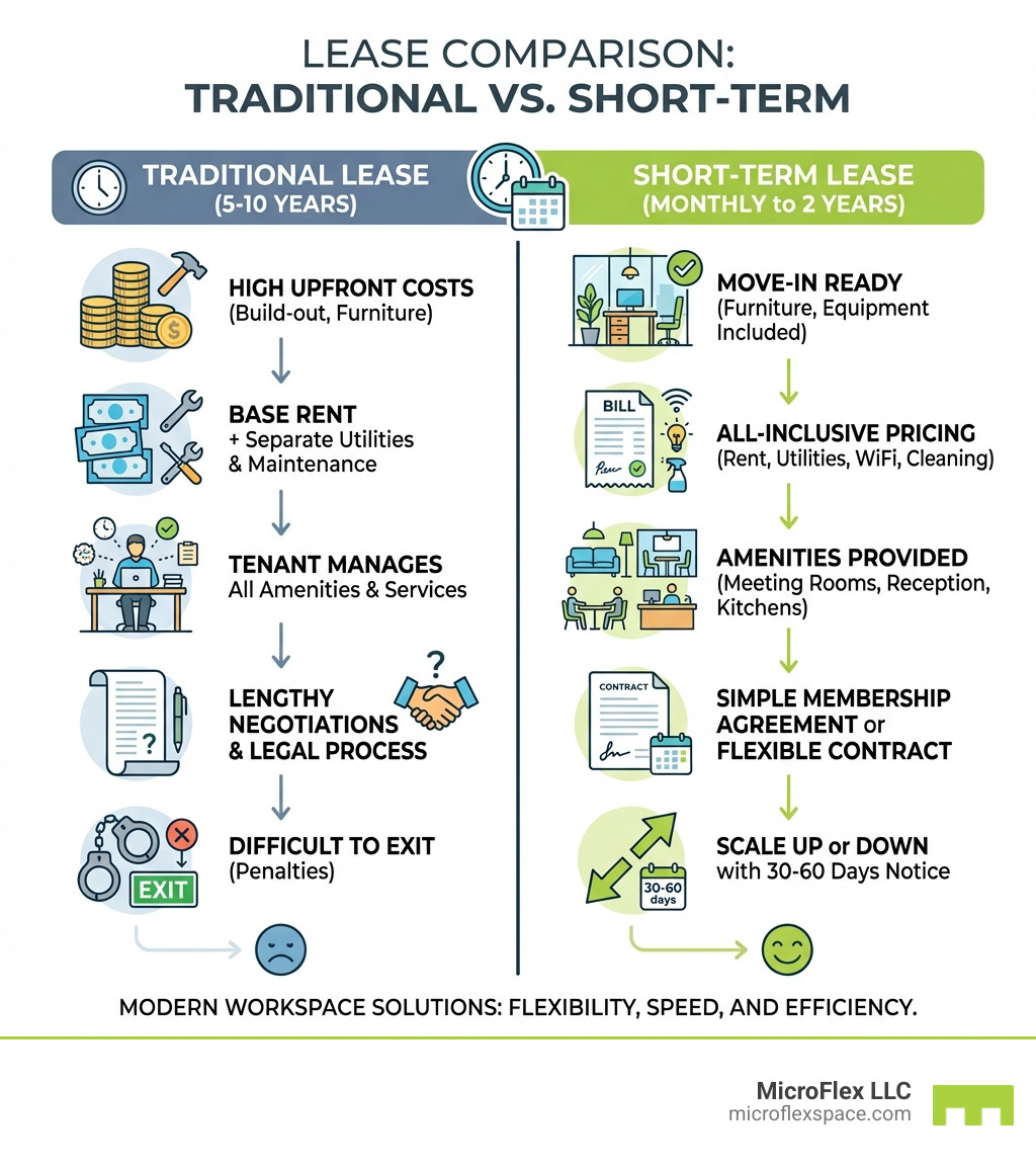 Infographic comparing traditional leases versus short-term leases. Traditional Lease (5-10 years): High upfront costs for build-out and furniture, base rent plus separate utility bills and maintenance, tenant manages all amenities and services, lengthy negotiations and legal process, difficult to exit early without penalties. Short-Term Lease (monthly to 2 years): Move-in ready with furniture and equipment included, all-inclusive monthly pricing covers rent utilities WiFi cleaning, amenities like meeting rooms reception and kitchens provided, simple membership agreement or flexible contract, scale up or down with 30-60 days notice - Short term office lease infographic Infographic comparing traditional leases versus short-term leases. Traditional Lease (5-10 years): High upfront costs for build-out and furniture, base rent plus separate utility bills and maintenance, tenant manages all amenities and services, lengthy negotiations and legal process, difficult to exit early without penalties. Short-Term Lease (monthly to 2 years): Move-in ready with furniture and equipment included, all-inclusive monthly pricing covers rent utilities WiFi cleaning, amenities like meeting rooms reception and kitchens provided, simple membership agreement or flexible contract, scale up or down with 30-60 days notice - Short term office lease infographic