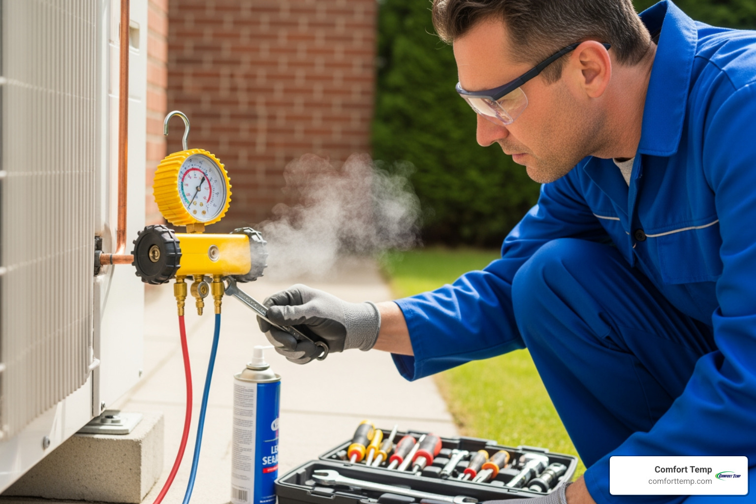 Technician using an electronic leak detector on copper refrigerant lines - Refrigerant leak repair Technician using an electronic leak detector on copper refrigerant lines - Refrigerant leak repair