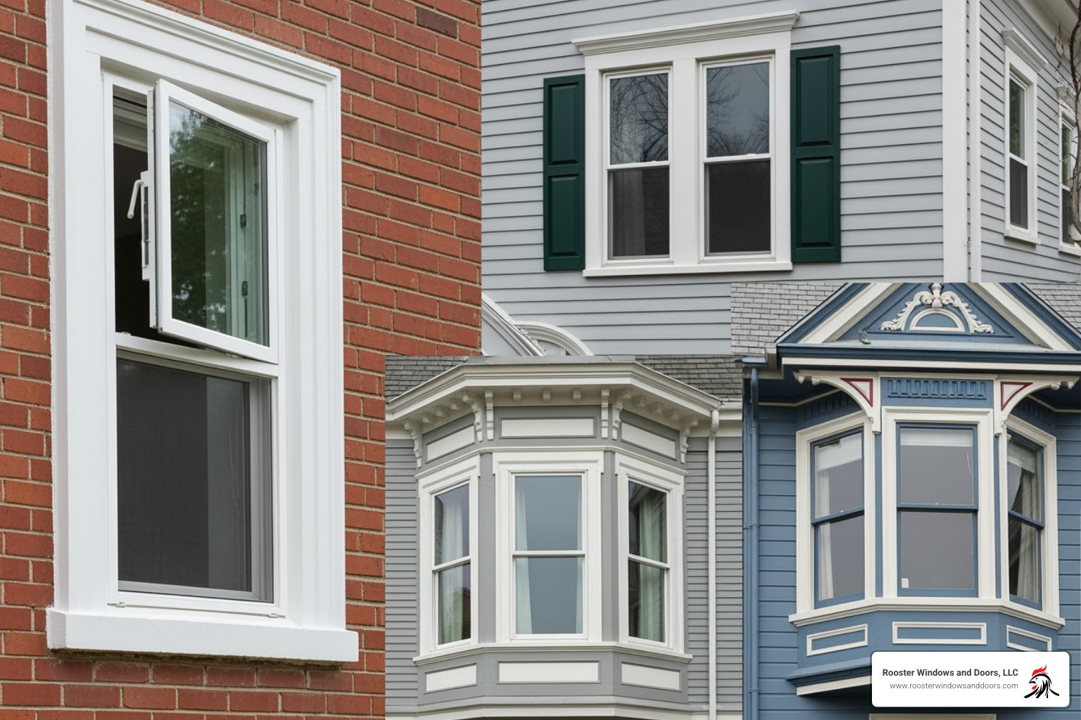 collage of different window styles (casement, double-hung, bay) - best window replacement near me