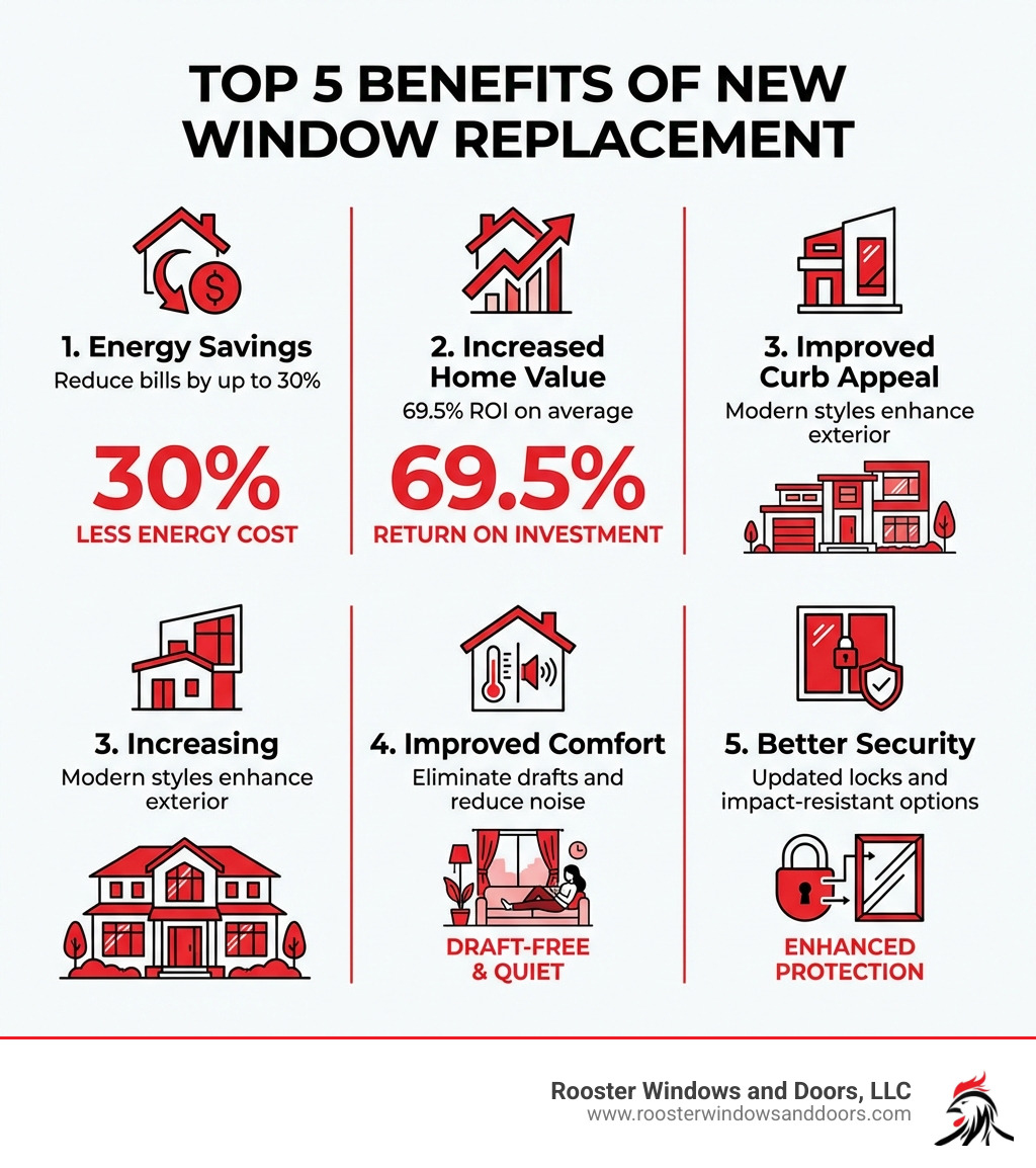 Infographic showing the top 5 benefits of new window replacement: 1. Energy Savings - reduce bills by up to 30%, 2. Increased Home Value - 69.5% ROI on average, 3. Improved Curb Appeal - modern styles enhance exterior, 4. Improved Comfort - eliminate drafts and reduce noise, 5. Better Security - updated locks and impact-resistant options - best window replacement near me infographic 