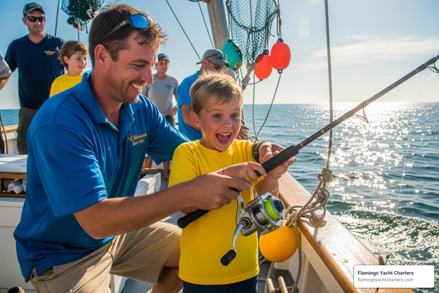 Crew member assisting a child with their first catch, smiles all around - fishing charters party boat