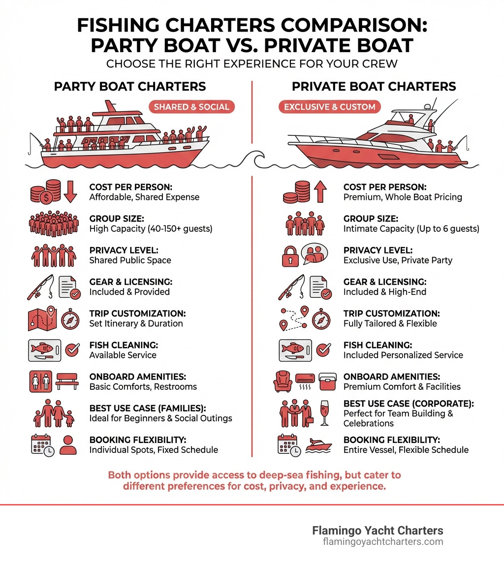 Infographic showing comparison between party boat fishing charters and private fishing charters, including cost per person, group size capacity, privacy level, gear and licensing inclusions, trip customization options, fish cleaning services, onboard amenities, best use cases for families versus corporate groups, and booking flexibility - fishing charters party boat infographic 