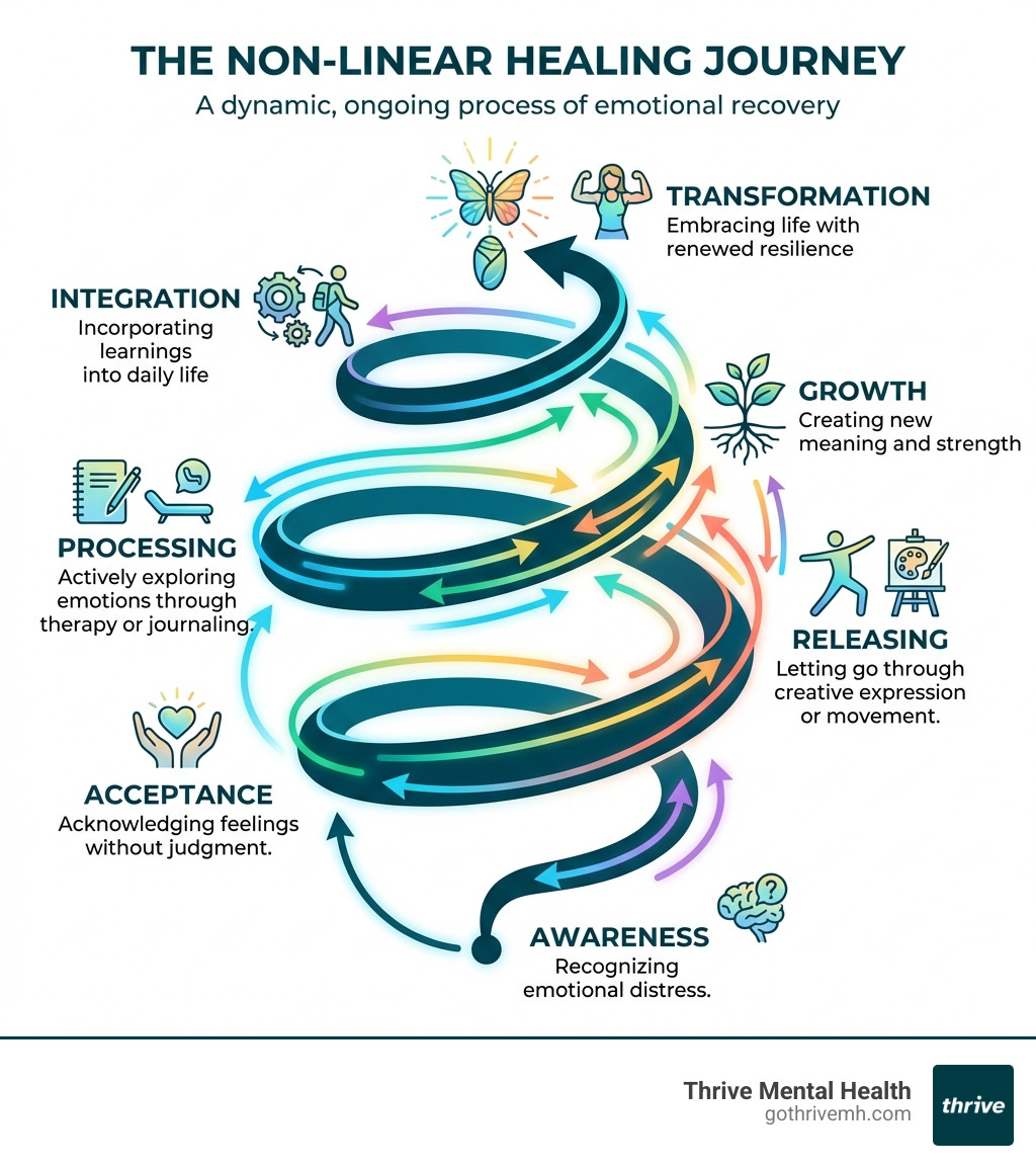 infographic showing the non-linear healing journey with stages including Awareness (recognizing emotional distress), Acceptance (acknowledging feelings without judgment), Processing (actively exploring emotions through therapy or journaling), Releasing (letting go through creative expression or movement), Growth (creating new meaning and strength), Integration (incorporating learnings into daily life), and Transformation (embracing life with renewed resilience). The stages are shown as a spiral path moving upward, with arrows indicating movement back and forth between stages, emphasizing that healing is not a straight line but a dynamic, ongoing process - how to heal infographic 