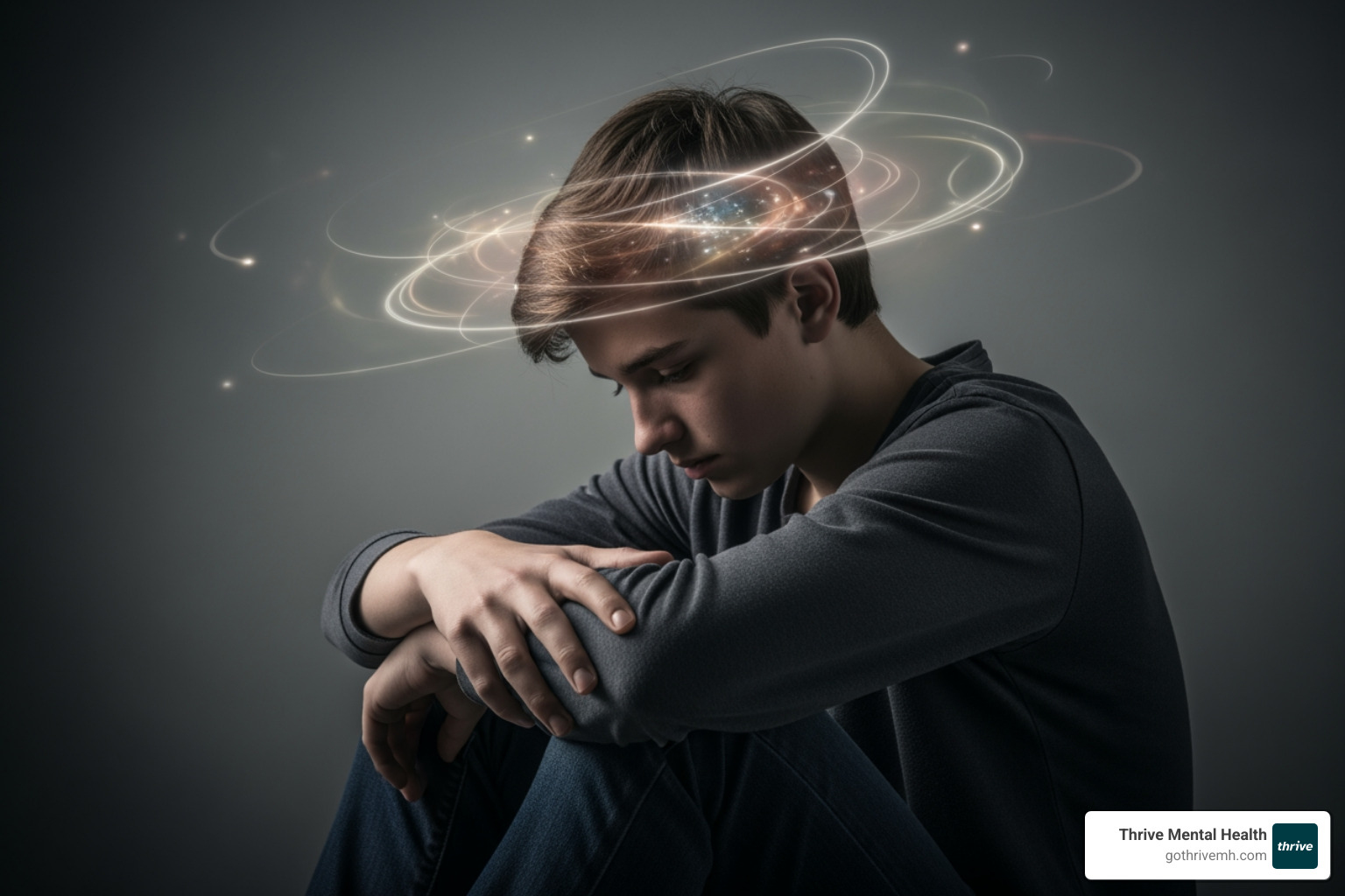 teenager looking distressed, with swirling thoughts and emotions around their head, illustrating the internal struggle of trauma - trauma therapy for teens teenager looking distressed, with swirling thoughts and emotions around their head, illustrating the internal struggle of trauma - trauma therapy for teens
