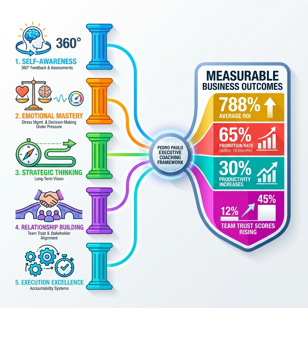 infographic showing the pedro paulo executive coaching framework with five pillars: self-awareness through 360-degree feedback and assessments, emotional mastery for stress management and decision-making under pressure, strategic thinking for long-term vision, relationship building for team trust and stakeholder alignment, and execution excellence through accountability systems, all connected to measurable business outcomes including 788% average ROI, 65% promotion rate within 18 months, 30% productivity increases, and team trust scores rising from 12% to 45% -  pedro paulo executive coaching infographic 