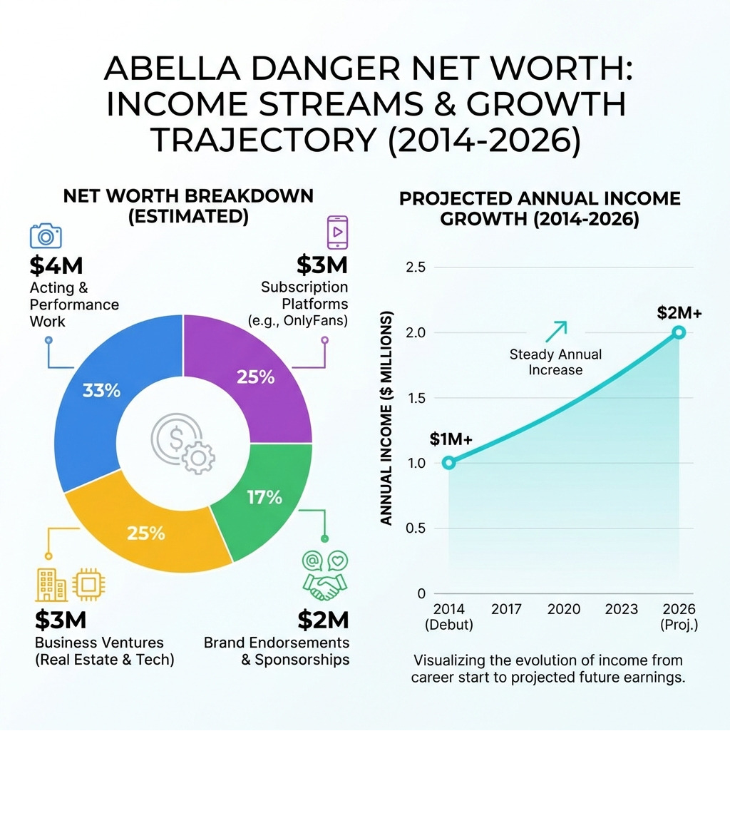 Infographic showing Abella Danger's net worth breakdown across five major income streams: $4M from acting and performance work, $3M from subscription platforms like OnlyFans, $2M from brand endorsements and social media sponsorships, $3M from business ventures including real estate and tech investments, and projected growth trajectory from 2014 debut to 2026 showing steady annual increases from $1M to $2M yearly income - abella danger net worth infographic 