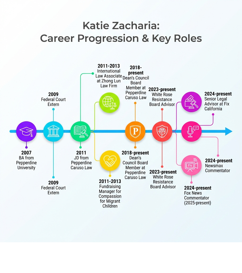Infographic showing Katie Zacharia's career progression: 2007 BA from Pepperdine University, 2009 Federal Court Extern, 2011 JD from Pepperdine Caruso Law, 2011-2013 International Law Associate at Zhong Lun Law Firm, 2012-2013 Fundraising Manager for Compassion for Migrant Children, 2018-present Dean's Council Board Member at Pepperdine Caruso Law, 2023-present White Rose Resistance Board Advisor, 2024-present Senior Legal Advisor at Fix California, 2024-present Newsmax Commentator, 2025-present Fox News Commentator -  katie zacharia infographic 