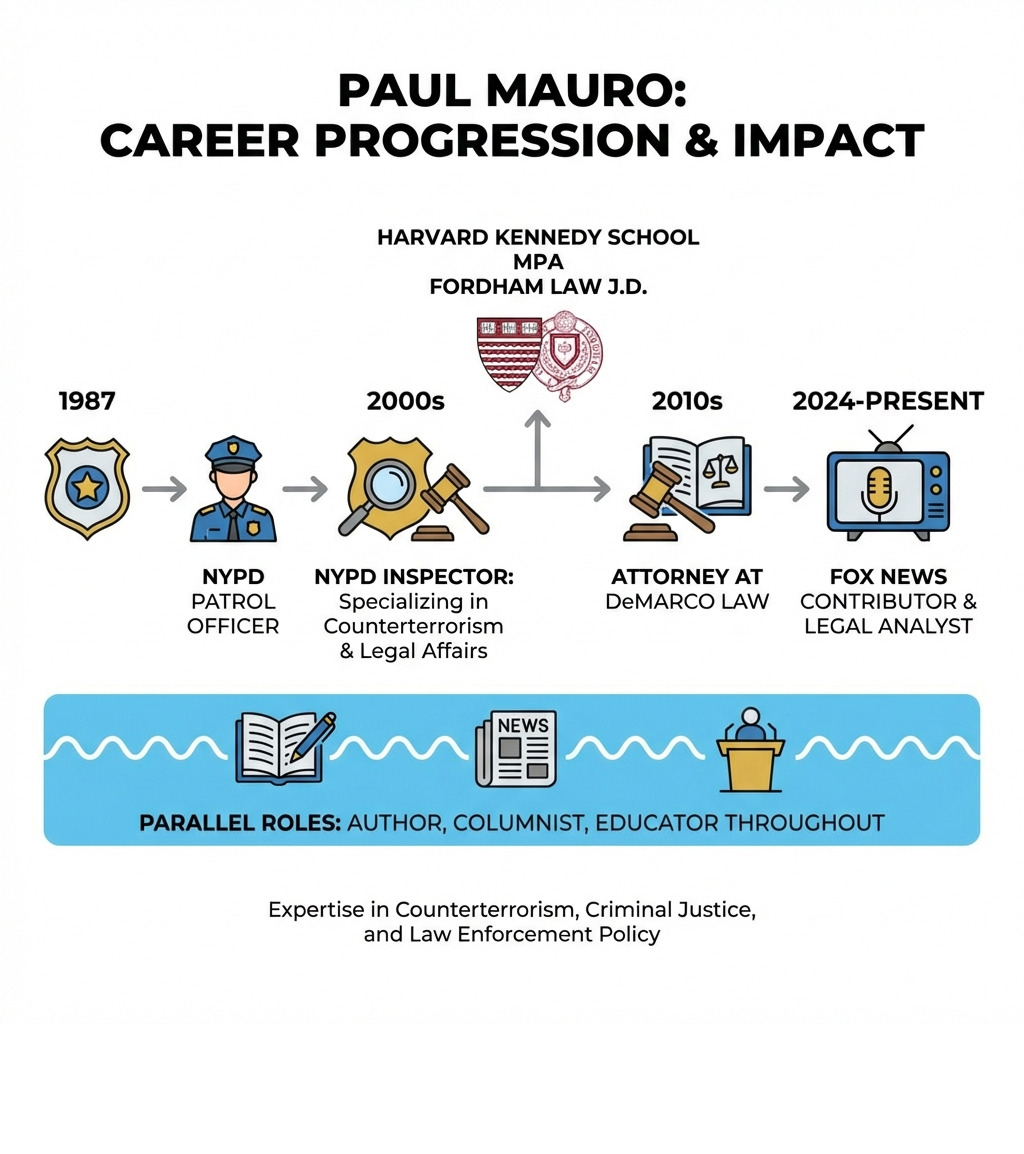 Infographic showing Paul Mauro's career progression: NYPD Patrol Officer (1987) → NYPD Inspector specializing in counterterrorism and legal affairs (2000s) → Harvard Kennedy School MPA and Fordham Law J.D. → Attorney at DeMarco Law (2010s) → Fox News Contributor and Legal Analyst (2024-present), with parallel roles as author, columnist, and educator throughout - paul mauro wikipedia infographic 