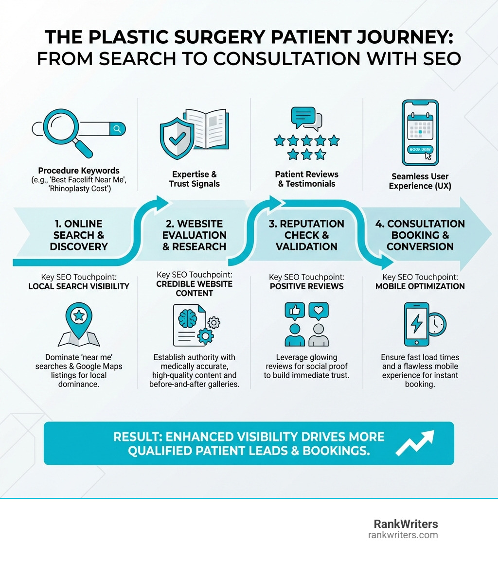 infographic showing the patient journey from online search to consultation booking, highlighting key SEO touchpoints including local search visibility, credible website content, positive reviews, and mobile optimization - seo for plastic surgeons infographic 
