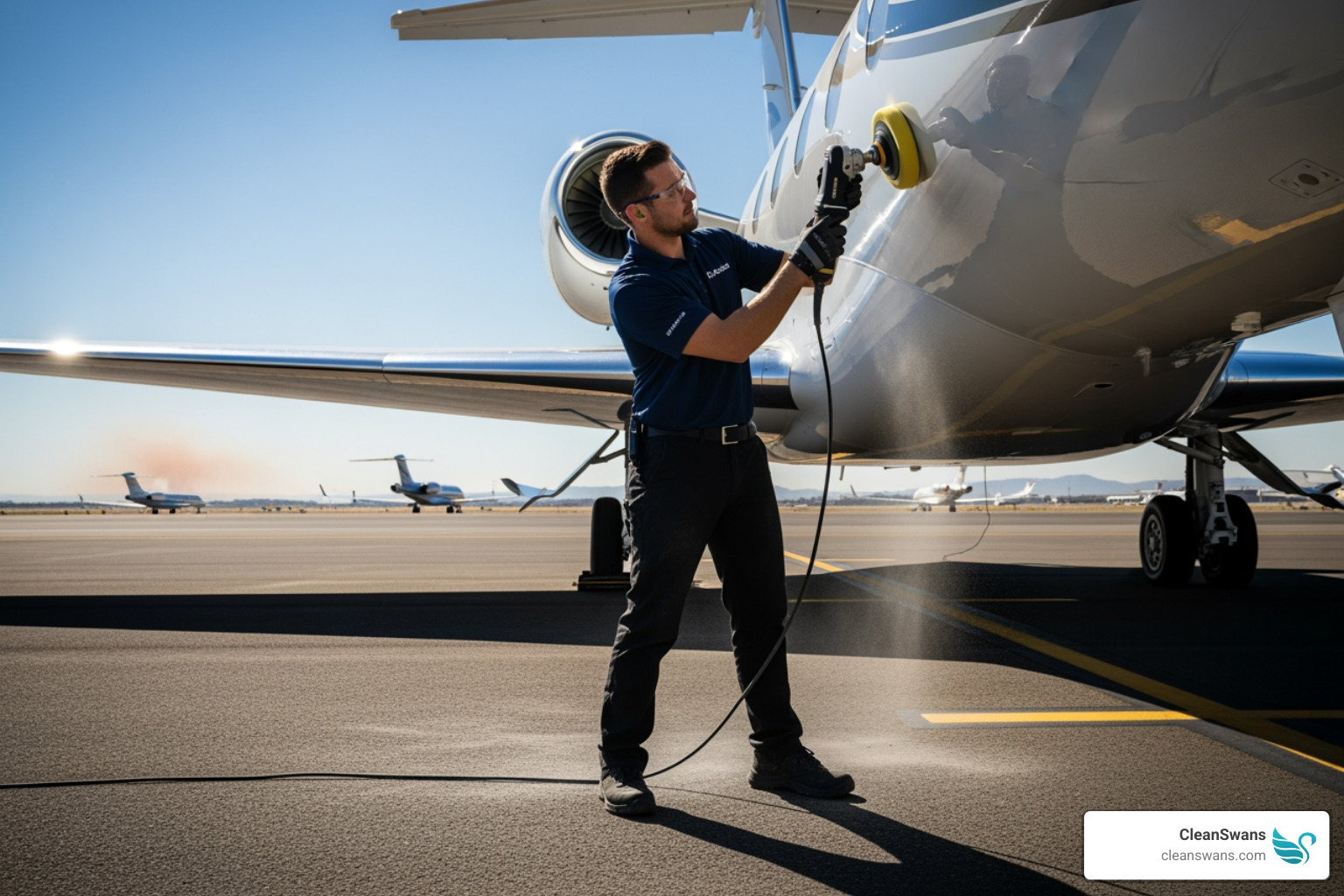 detailer polishing the exterior of a private jet - private jet detailing