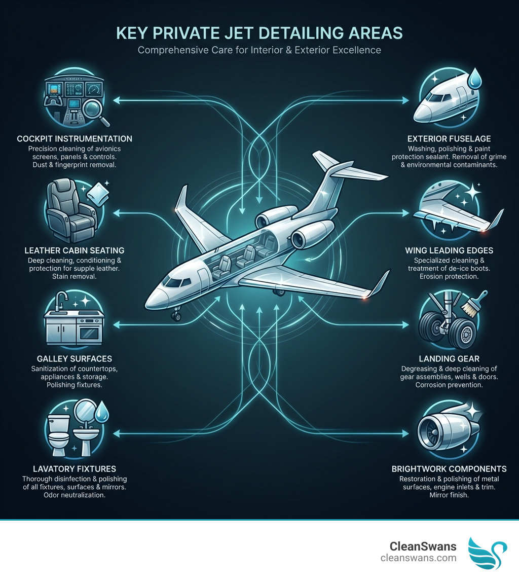 infographic showing key private jet detailing areas including cockpit instrumentation, leather cabin seating, galley surfaces, lavatory fixtures, exterior fuselage, wing leading edges, landing gear, and brightwork components like engine inlets - private jet detailing infographic 
