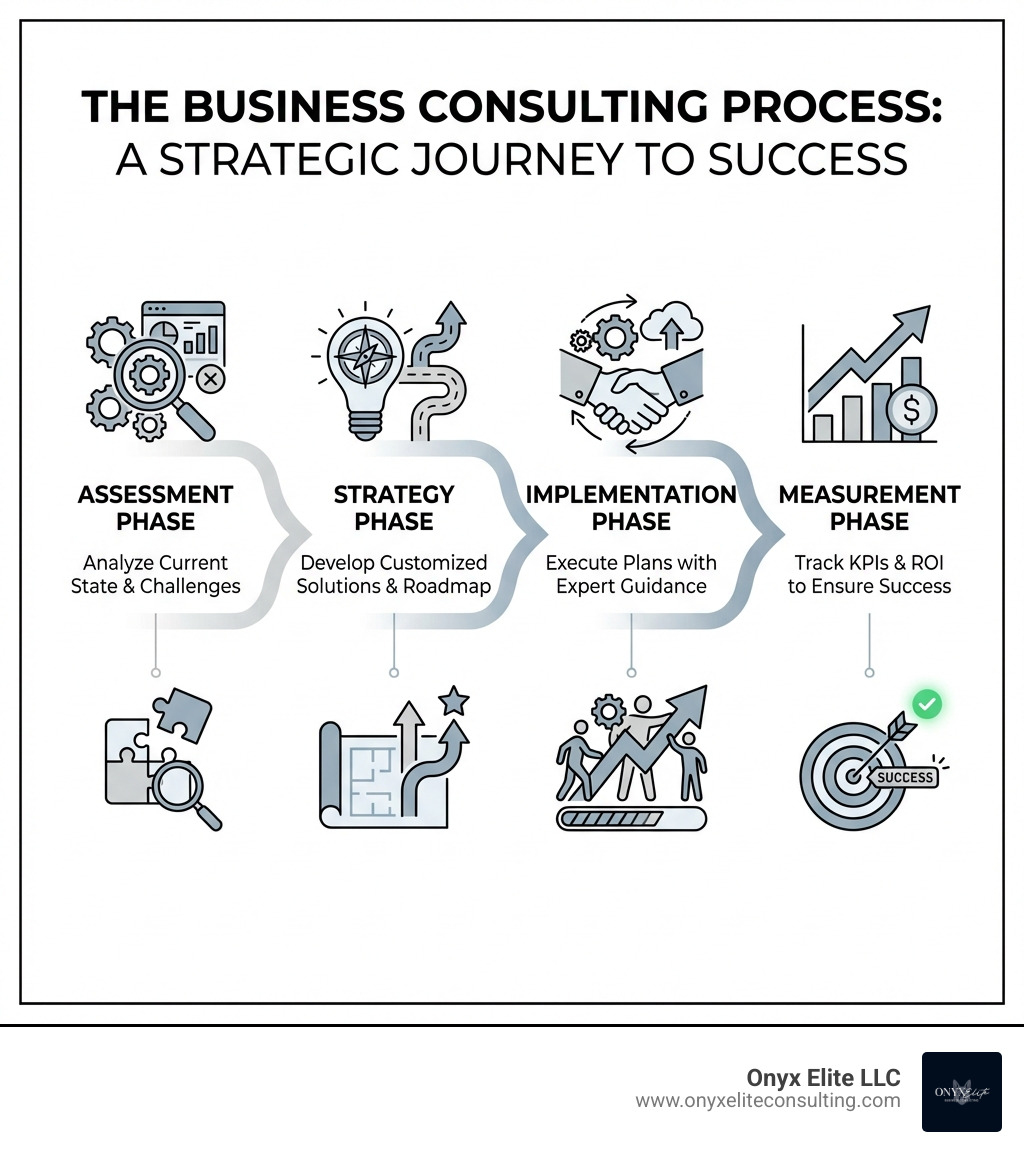 Infographic showing the consulting process: Assessment phase analyzing current state and challenges, Strategy phase developing customized solutions and roadmap, Implementation phase executing plans with expert guidance, and Measurement phase tracking KPIs and ROI to ensure success - business consulting services infographic Infographic showing the consulting process: Assessment phase analyzing current state and challenges, Strategy phase developing customized solutions and roadmap, Implementation phase executing plans with expert guidance, and Measurement phase tracking KPIs and ROI to ensure success - business consulting services infographic