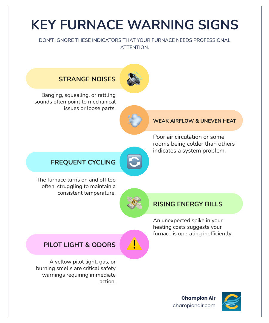 Infographic showing key furnace warning signs including unusual noises, weak airflow, yellow pilot light, strange odors, frequent cycling, and rising energy bills with icons for each symptom - furnace repair best in phoenix, az infographic infographic-line-5-steps-colors Infographic showing key furnace warning signs including unusual noises, weak airflow, yellow pilot light, strange odors, frequent cycling, and rising energy bills with icons for each symptom - furnace repair best in phoenix, az infographic infographic-line-5-steps-colors