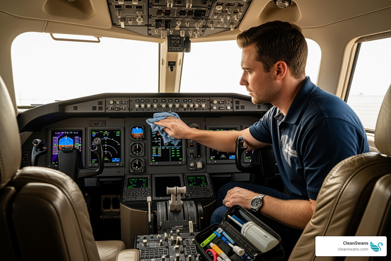technician cleaning cockpit instrument panel - luxury aircraft cleaning technician cleaning cockpit instrument panel - luxury aircraft cleaning