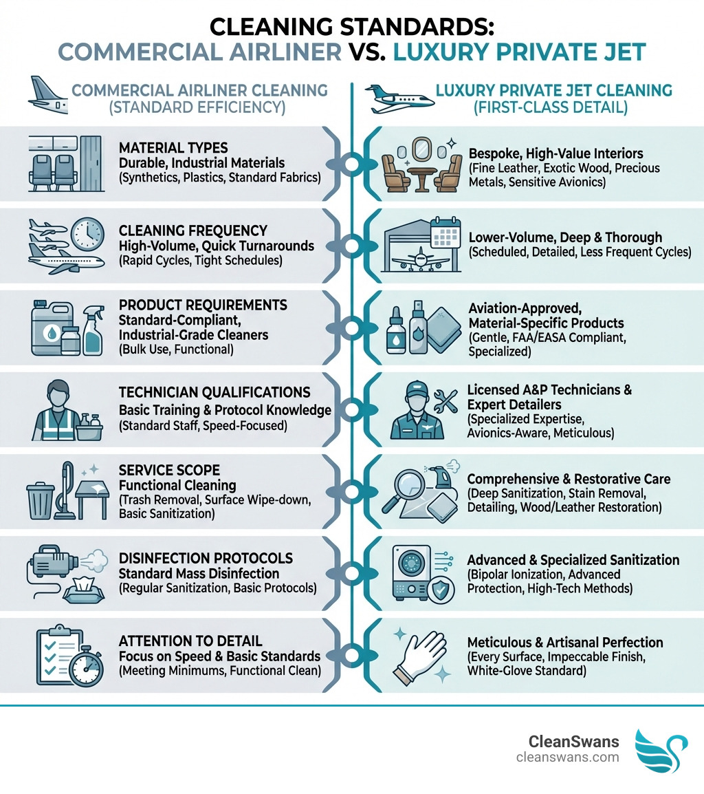 infographic showing the differences between commercial airliner cleaning and luxury private jet cleaning, including material types, cleaning frequency, product requirements, technician qualifications, service scope, disinfection protocols, and attention to detail requirements - luxury aircraft cleaning infographic infographic showing the differences between commercial airliner cleaning and luxury private jet cleaning, including material types, cleaning frequency, product requirements, technician qualifications, service scope, disinfection protocols, and attention to detail requirements - luxury aircraft cleaning infographic