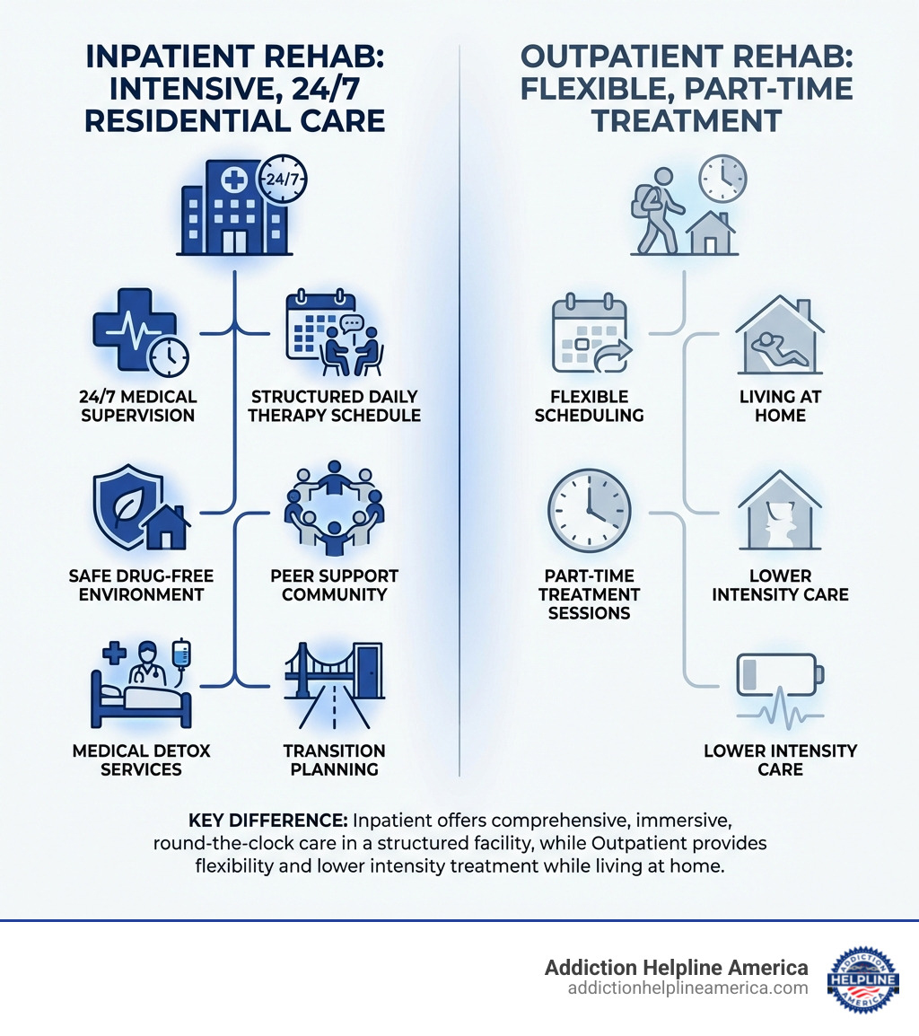 Infographic showing the core components of inpatient rehab including 24/7 medical supervision, structured daily therapy schedule, safe drug-free environment, peer support community, medical detox services, and transition planning, compared side-by-side with outpatient rehab showing flexible scheduling, living at home, part-time treatment sessions, and lower intensity care - Inpatient Rehab infographic Infographic showing the core components of inpatient rehab including 24/7 medical supervision, structured daily therapy schedule, safe drug-free environment, peer support community, medical detox services, and transition planning, compared side-by-side with outpatient rehab showing flexible scheduling, living at home, part-time treatment sessions, and lower intensity care - Inpatient Rehab infographic