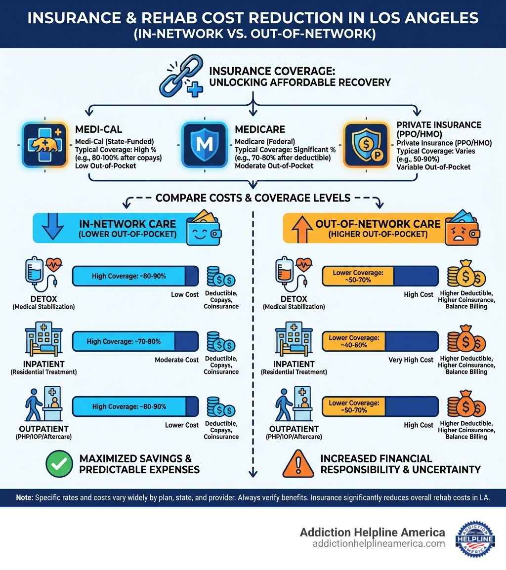 detailed infographic showing how insurance coverage reduces rehab costs in Los Angeles, comparing in-network versus out-of-network expenses, with icons representing different coverage types like Medi-Cal, Medicare, and private insurance, displaying typical percentage coverage rates and out-of-pocket costs for different levels of care - How Does Insurance Coverage Impact the Cost of Rehab in Los Angeles? infographic detailed infographic showing how insurance coverage reduces rehab costs in Los Angeles, comparing in-network versus out-of-network expenses, with icons representing different coverage types like Medi-Cal, Medicare, and private insurance, displaying typical percentage coverage rates and out-of-pocket costs for different levels of care - How Does Insurance Coverage Impact the Cost of Rehab in Los Angeles? infographic