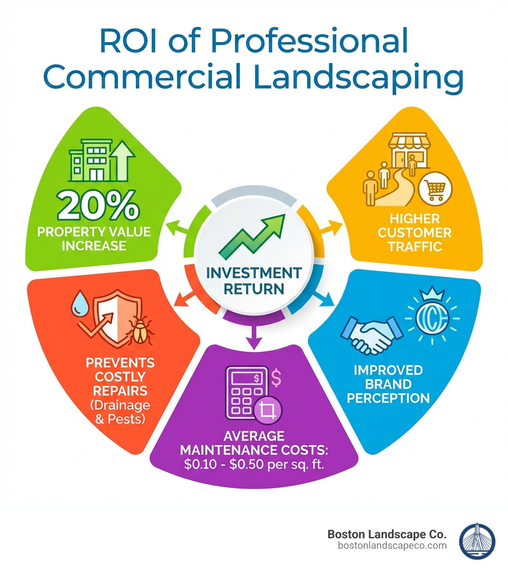 infographic showing the ROI of professional commercial landscaping: 20% property value increase, higher customer traffic, improved brand perception, prevention of costly repairs like drainage issues and pest infestations, and average maintenance costs of $0.10-$0.50 per square foot - commercial lawn care near me infographic 