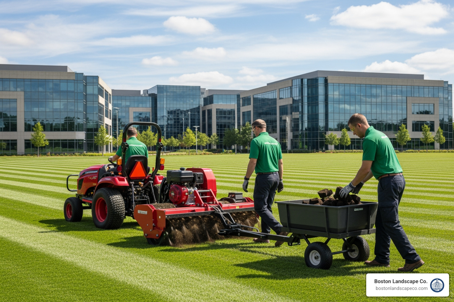 professional crew performing aeration on a large commercial lawn - commercial lawn care near me