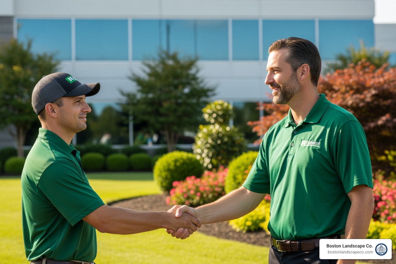 property manager shaking hands with a uniformed lawn care professional - commercial lawn care near me