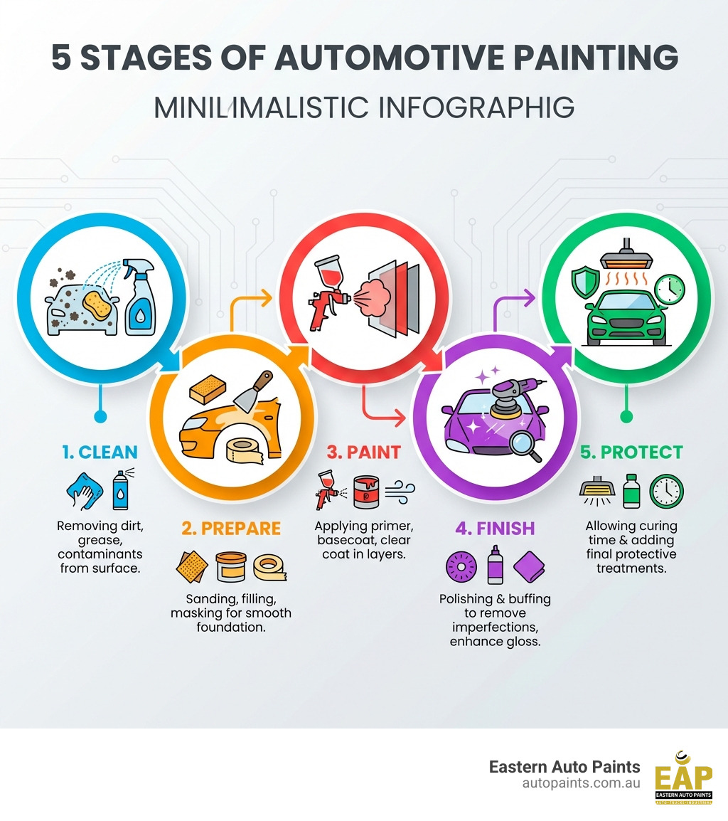A "5 Stages of Automotive Painting" infographic highlighting essential automotive paint tools & equipment for each step. A "5 Stages of Automotive Painting" infographic highlighting essential automotive paint tools & equipment for each step.