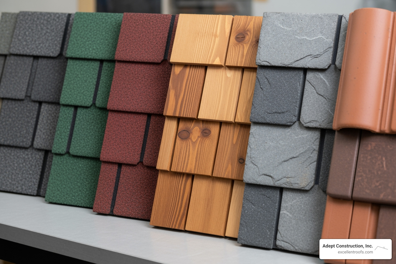 Image of various roofing material samples such as asphalt shingles, cedar shakes, and composite tiles - residential roofing contractors