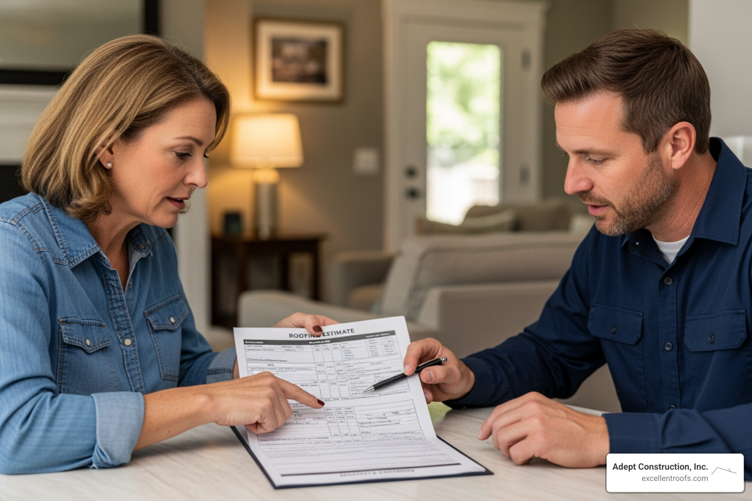 Image of a homeowner reviewing a detailed roofing estimate with a contractor - residential roofing contractors