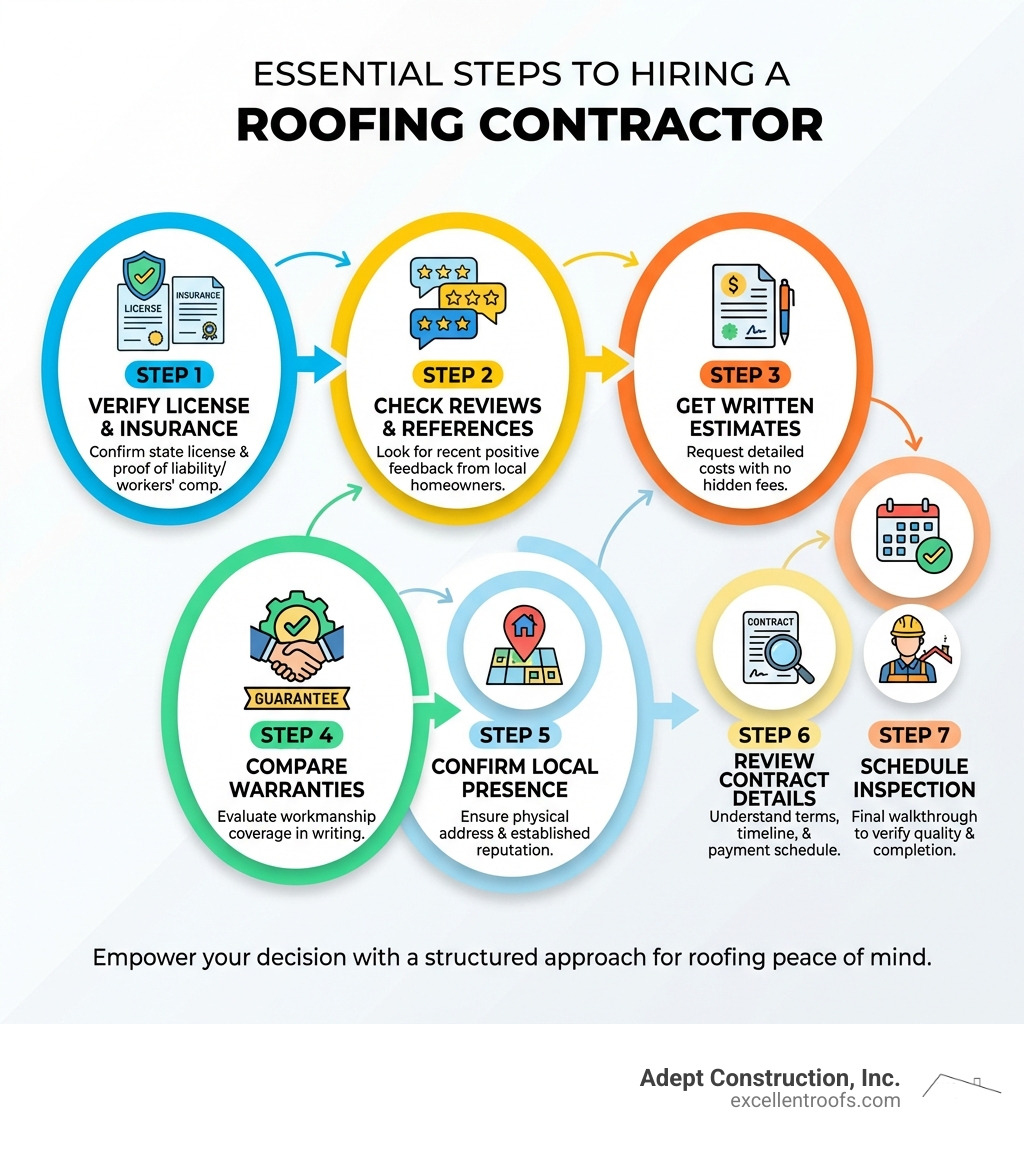 Infographic showing the essential steps to hiring a roofing contractor: Step 1 - Verify license and insurance, Step 2 - Check reviews and references, Step 3 - Get written estimates, Step 4 - Compare warranties, Step 5 - Confirm local presence, Step 6 - Review contract details, Step 7 - Schedule inspection - residential roofing contractors infographic 