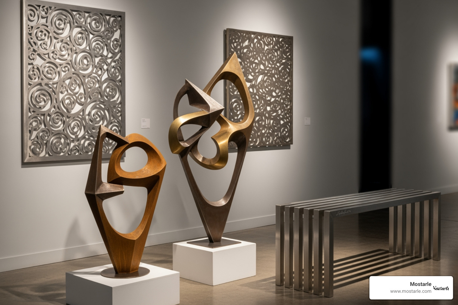 different types of metal art side-by-side: a wall hanging, a freestanding sculpture, and a functional bench - fabricated metal art