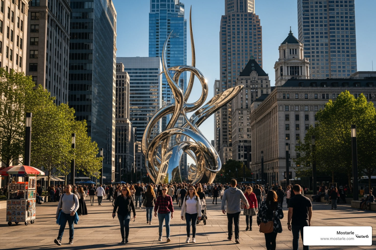 public metal art installation in a busy city square - fabricated metal art