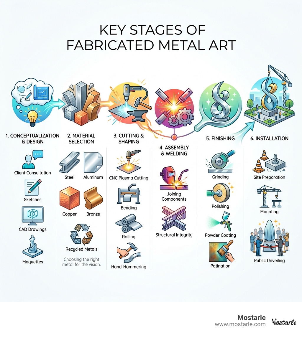 Infographic showing the key stages of metal art fabrication: 1. Conceptualization and Design (client consultation, sketches, CAD drawings, maquettes), 2. Material Selection (choosing steel, aluminum, copper, bronze, or recycled metals), 3. Cutting and Shaping (CNC plasma cutting, bending, rolling, hand-hammering), 4. Assembly and Welding (joining components, structural integrity), 5. Finishing (grinding, polishing, powder coating, patination), 6. Installation (site preparation, mounting, public unveiling) - fabricated metal art infographic 
