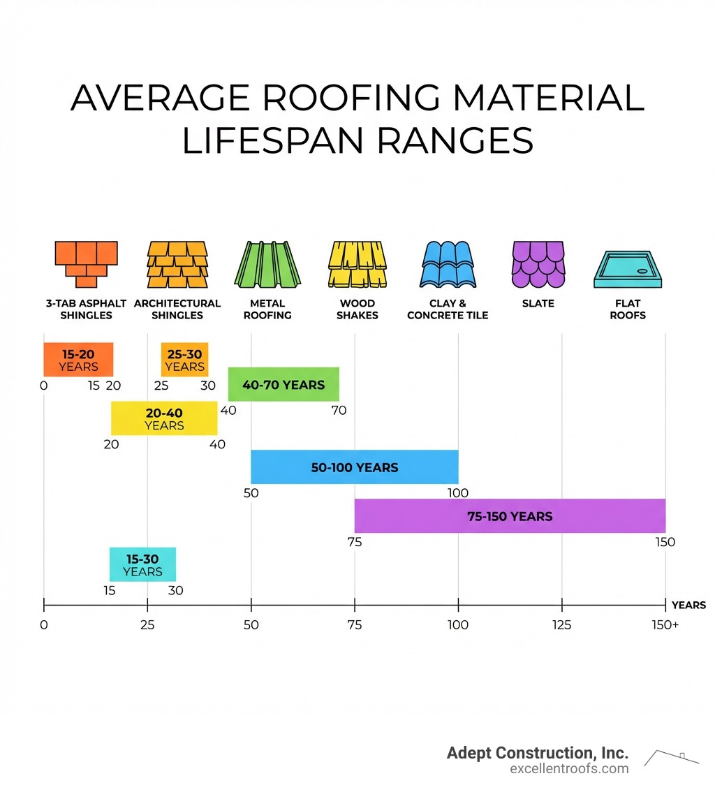 infographic showing average lifespan ranges for common roofing materials: 3-tab asphalt shingles 15-20 years, architectural shingles 25-30 years, metal roofing 40-70 years, wood shakes 20-40 years, clay and concrete tile 50-100 years, slate 75-150 years, and flat roofs 15-30 years, with icons representing each material type - how long does a roof last infographic 