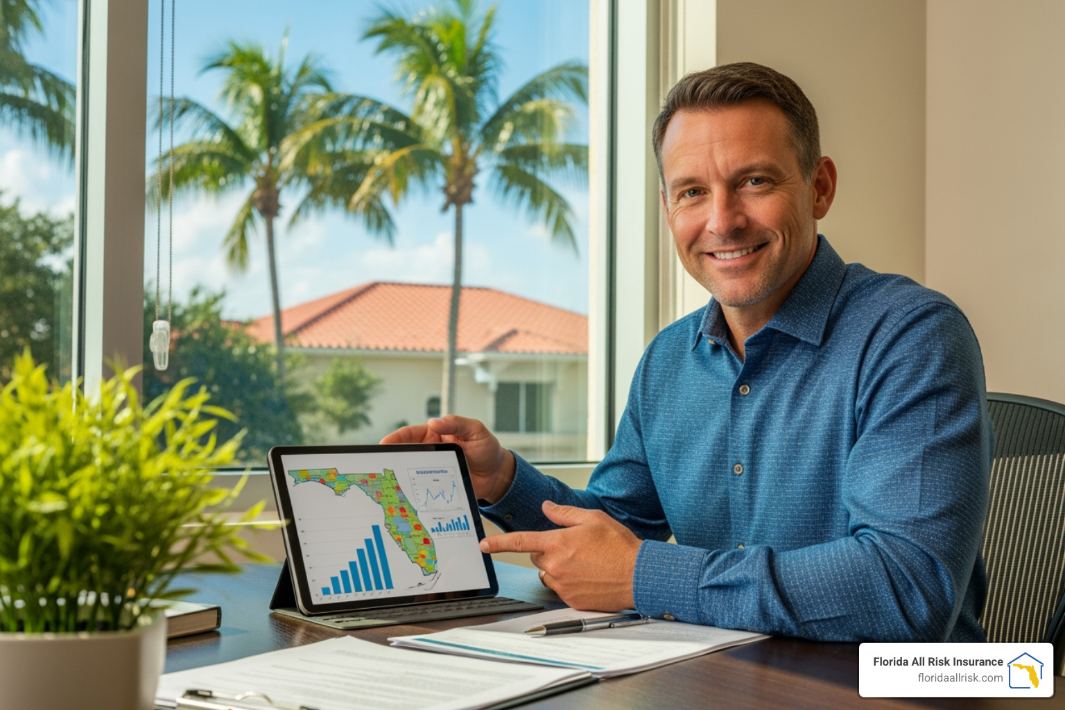 A professional, approachable insurance broker consulting with a client in a modern Florida office, emphasizing trust and expertise. - Florida car insurance brokers A professional, approachable insurance broker consulting with a client in a modern Florida office, emphasizing trust and expertise. - Florida car insurance brokers