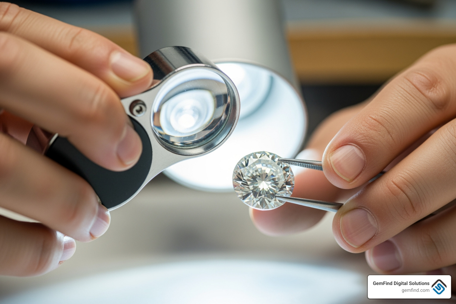 a jeweler examining a diamond with a loupe, symbolizing close inspection of keywords - seo jewelry