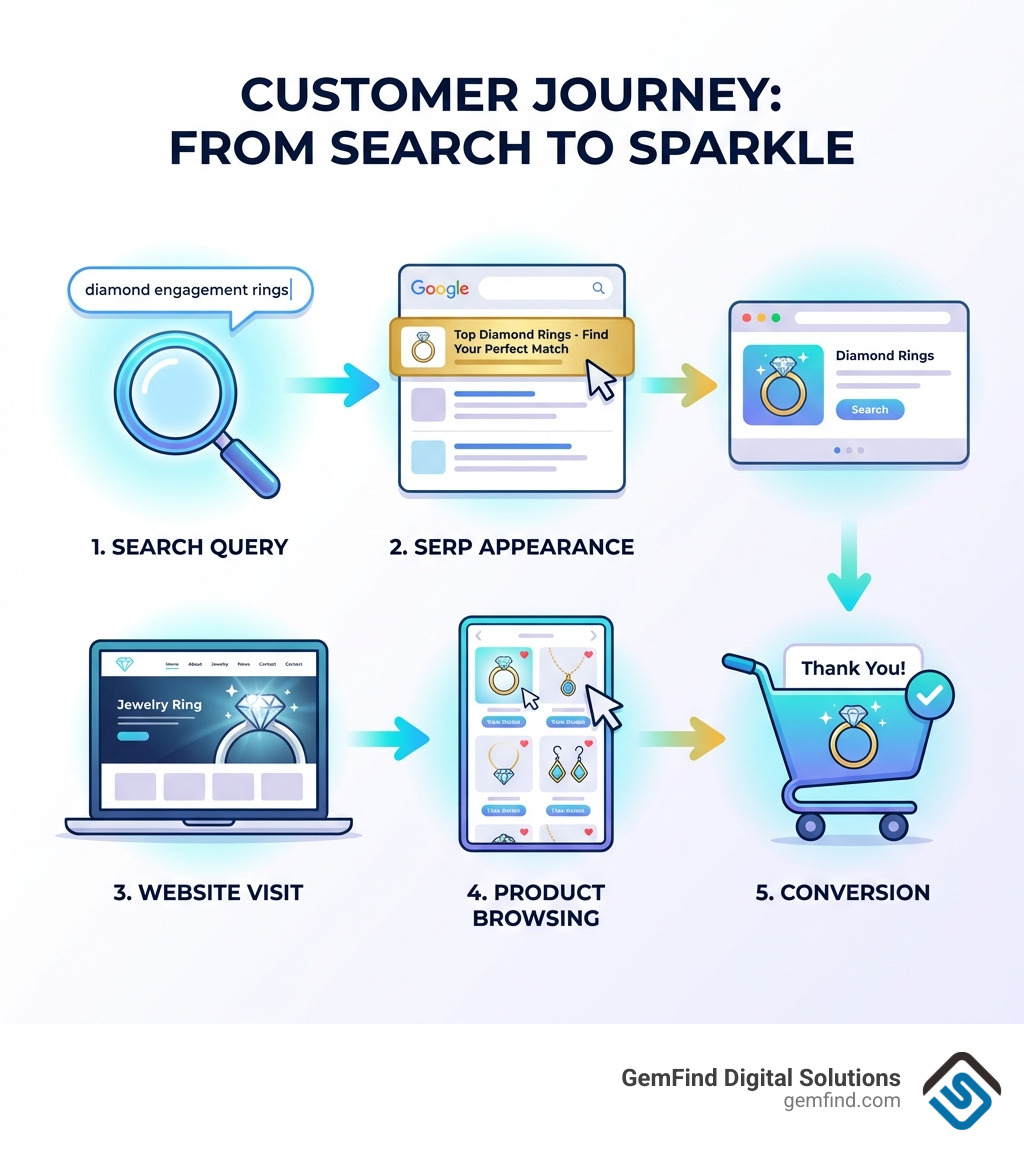 infographic showing the customer journey from Google search to jewelry purchase, with steps including search query, SERP appearance, website visit, product browsing, and conversion - seo jewelry infographic 