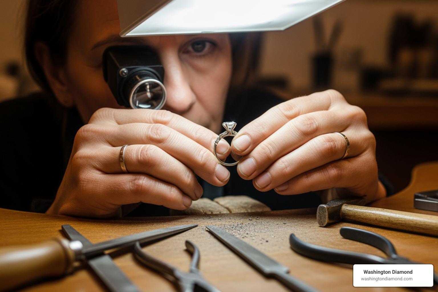 Master jeweler inspecting a ring with a loupe - Fine jewelry Fairfax VA Master jeweler inspecting a ring with a loupe - Fine jewelry Fairfax VA