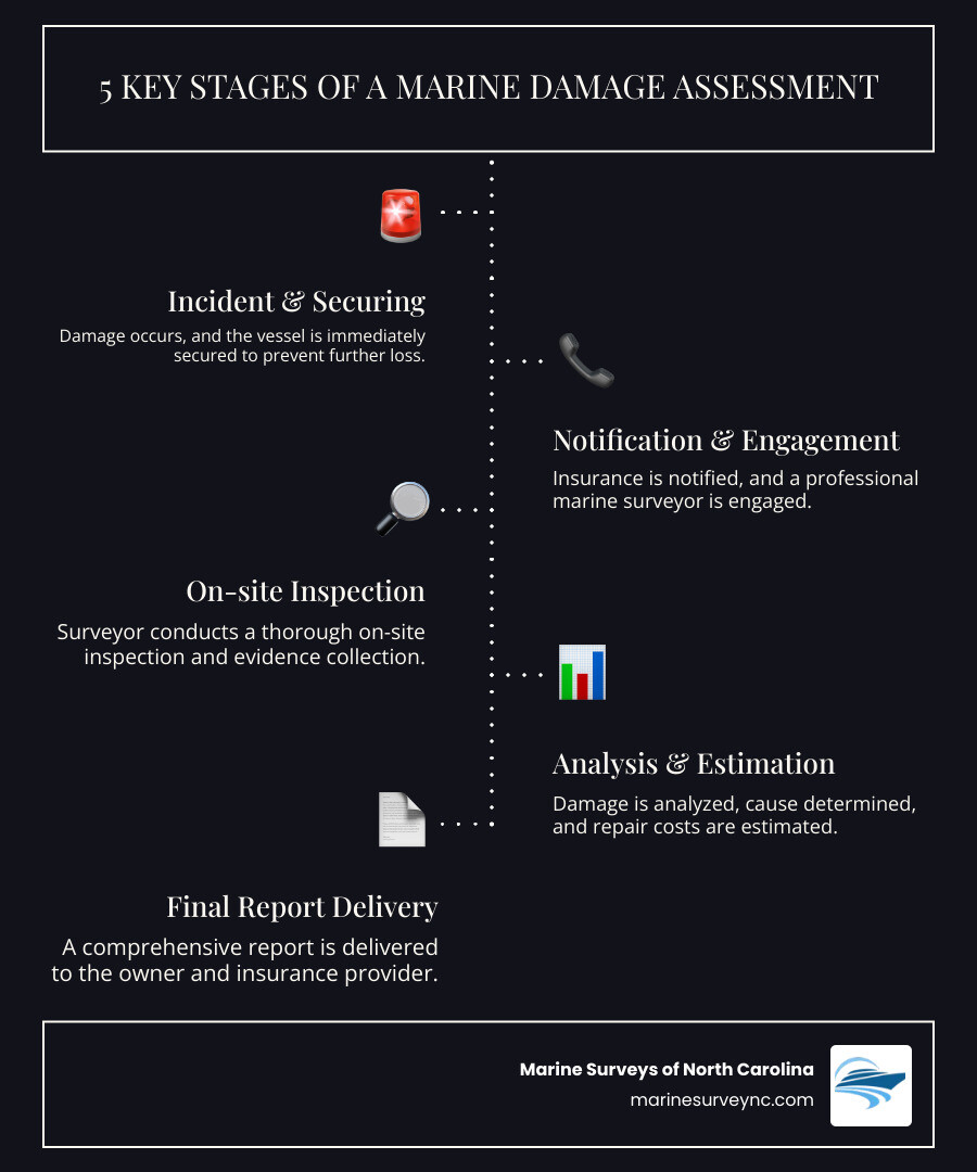 Infographic showing the 5 key stages of a marine damage assessment: 1. Incident occurs and vessel is secured, 2. Insurance notified and surveyor engaged, 3. On-site inspection and evidence collection, 4. Damage analysis and cost estimation, 5. Final report delivered to owner and insurer - damage assessment survey infographic infographic-line-5-steps-dark Infographic showing the 5 key stages of a marine damage assessment: 1. Incident occurs and vessel is secured, 2. Insurance notified and surveyor engaged, 3. On-site inspection and evidence collection, 4. Damage analysis and cost estimation, 5. Final report delivered to owner and insurer - damage assessment survey infographic infographic-line-5-steps-dark