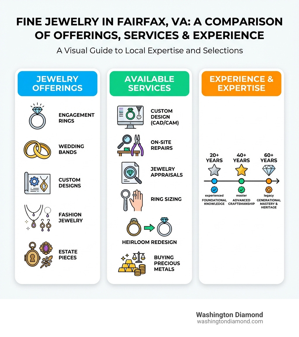 Infographic comparing Fine jewelry Fairfax VA stores showing types of jewelry offered including engagement rings, wedding bands, custom designs, fashion jewelry, and estate pieces, plus available services such as custom design with CAD/CAM technology, on-site repairs, jewelry appraisals, ring sizing, heirloom redesign, and buying precious metals, with experience levels ranging from 20 to 60+ years - Fine jewelry Fairfax VA infographic Infographic comparing Fine jewelry Fairfax VA stores showing types of jewelry offered including engagement rings, wedding bands, custom designs, fashion jewelry, and estate pieces, plus available services such as custom design with CAD/CAM technology, on-site repairs, jewelry appraisals, ring sizing, heirloom redesign, and buying precious metals, with experience levels ranging from 20 to 60+ years - Fine jewelry Fairfax VA infographic