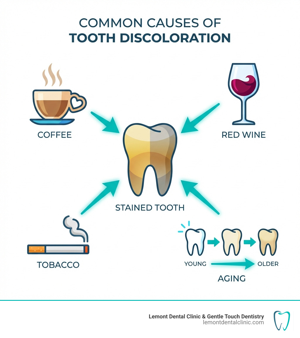 infographic showing common causes of tooth discoloration including coffee cup, wine glass, cigarette, and aging timeline, with arrows pointing to a stained tooth diagram - teeth whitening near me infographic 