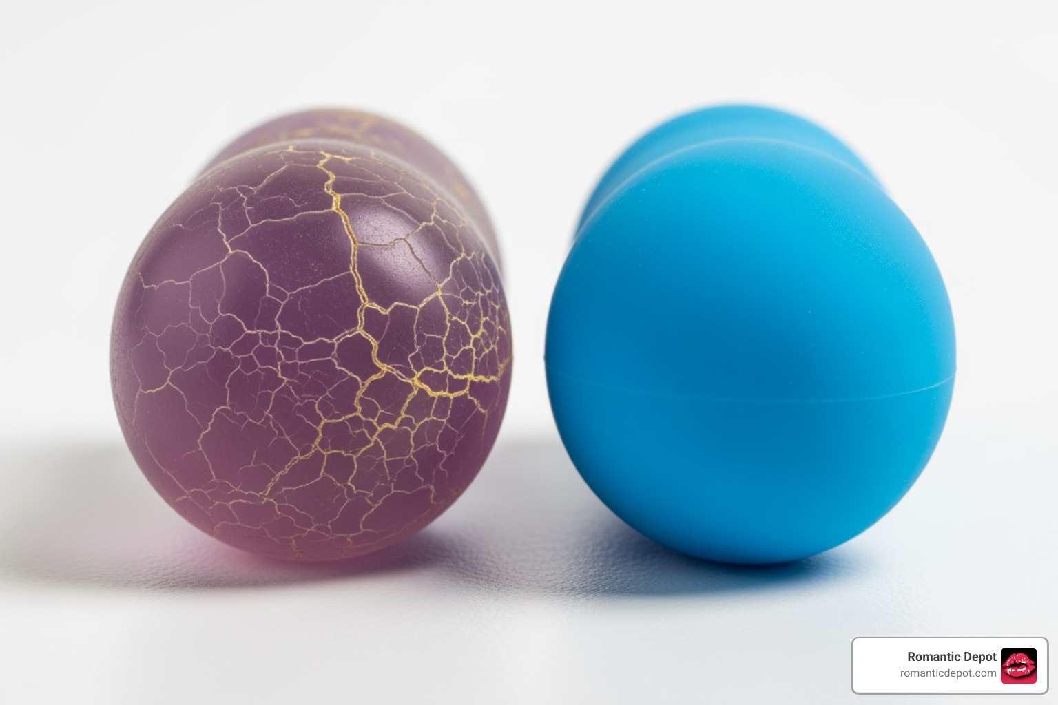 cracked, discolored jelly toy next to a pristine silicone one - body safe toys