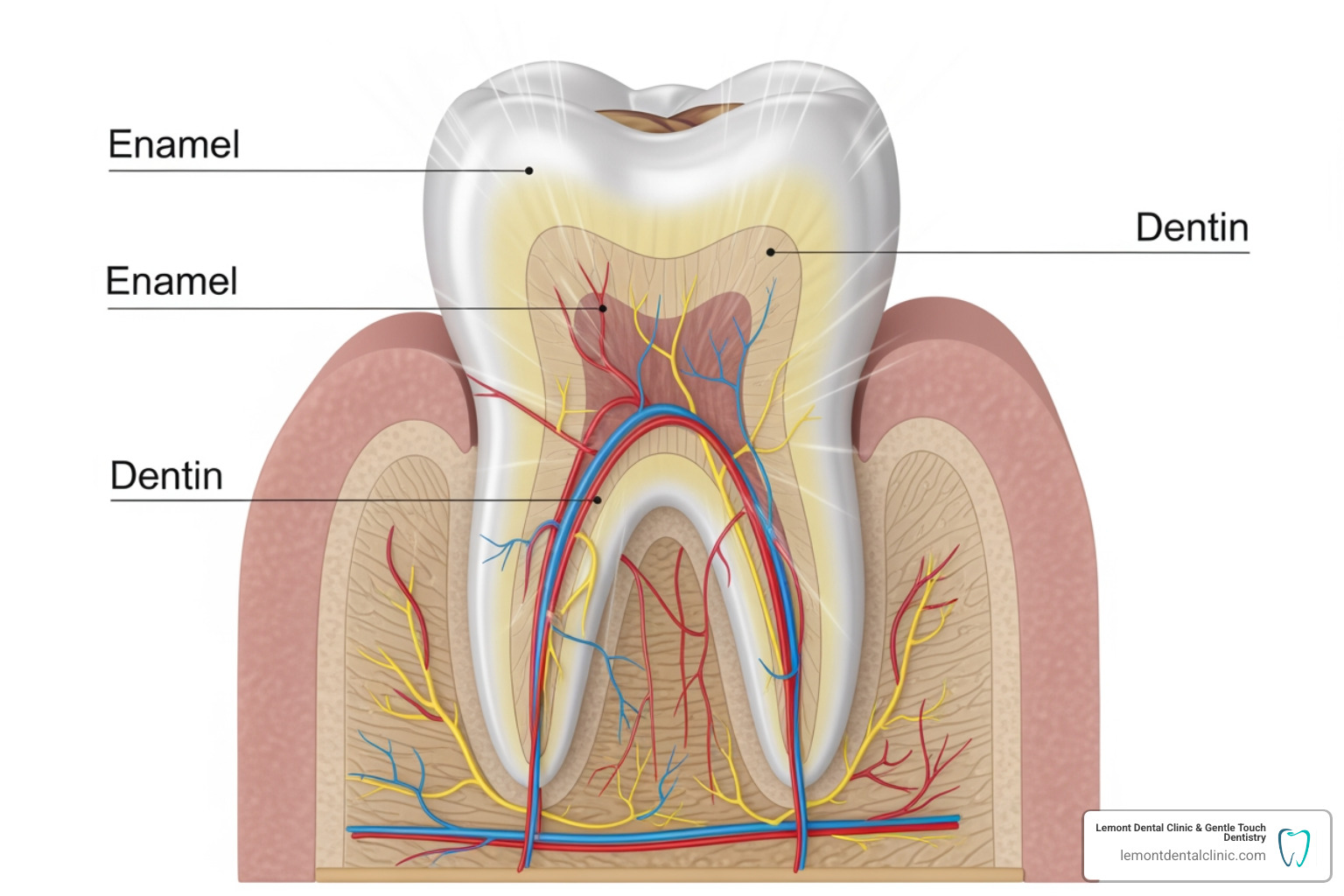 diagram showing a tooth's enamel, dentin, and pulp highlighting where whitening agents act - teeth whitening near me