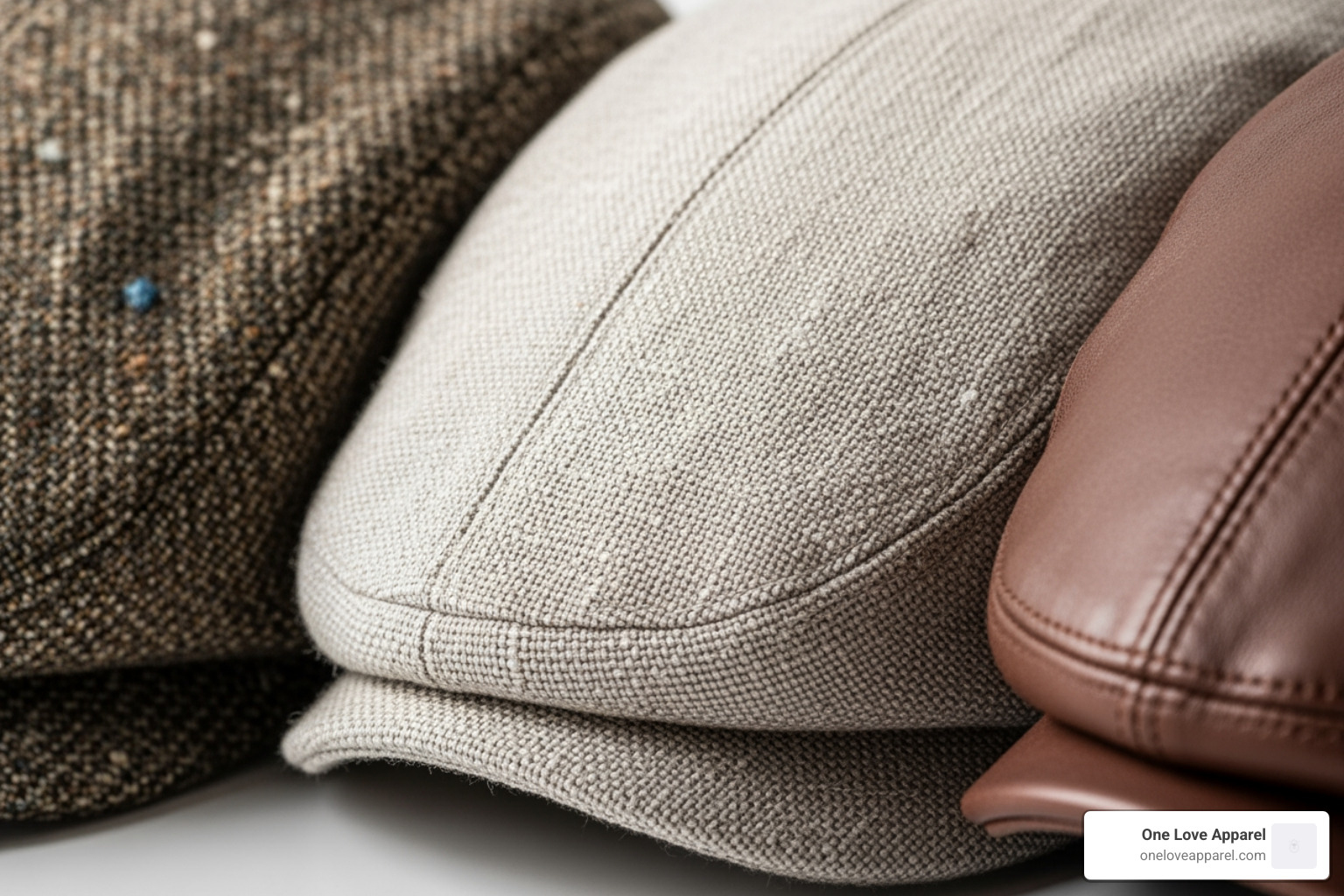 Close-up textures of flat caps in tweed, linen, and leather - best flat caps