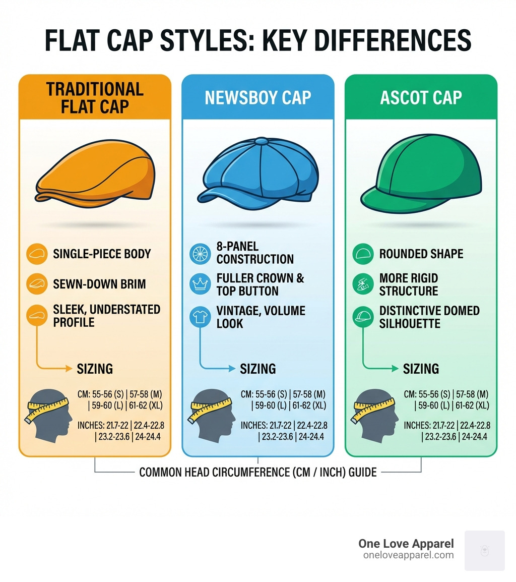 Infographic showing the key differences between flat cap styles: Traditional flat cap with single-piece body and sewn-down brim, Newsboy cap with 8-panel construction and fuller crown with top button, and Ascot cap with rounded shape, including measurements for sizing in centimeters and inches - best flat caps infographic 