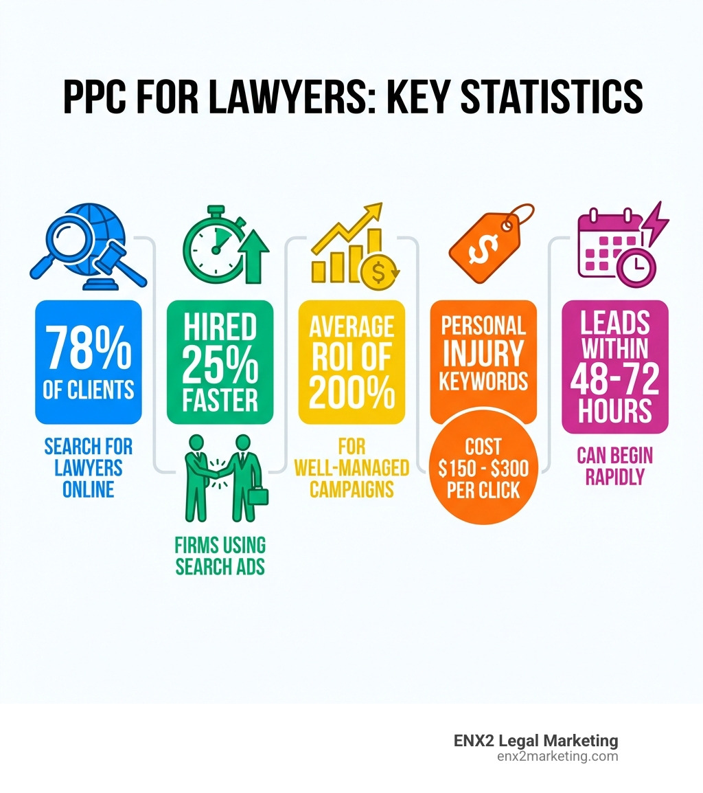 Infographic showing PPC for lawyers key statistics: 78% of clients search for lawyers online, firms using search ads are hired 25% faster, average ROI of 200%, personal injury keywords cost $150-$300 per click, and leads can begin within 48-72 hours - PPC ads for lawyers infographic 