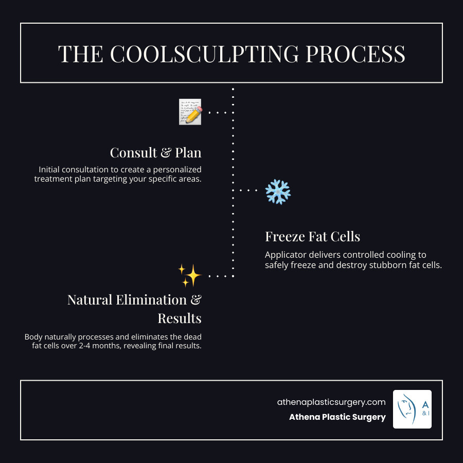 Infographic showing CoolSculpting process: 1) Consultation and treatment planning 2) Applicator placed on treatment area 3) Controlled cooling freezes fat cells 4) Body naturally eliminates dead fat cells over 2-4 months 5) Results visible with 20-25% fat reduction per treatment - coolsculpting arms cost west palm beach infographic infographic-line-3-steps-dark Infographic showing CoolSculpting process: 1) Consultation and treatment planning 2) Applicator placed on treatment area 3) Controlled cooling freezes fat cells 4) Body naturally eliminates dead fat cells over 2-4 months 5) Results visible with 20-25% fat reduction per treatment - coolsculpting arms cost west palm beach infographic infographic-line-3-steps-dark