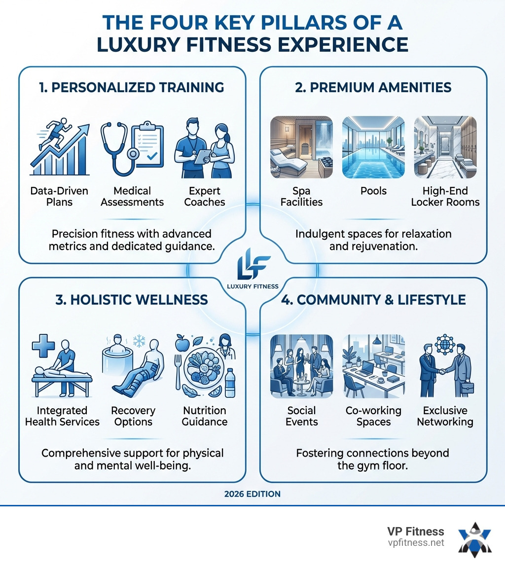 Infographic showing the four key pillars of a luxury fitness experience: 1) Personalized Training featuring data-driven plans, medical assessments, and expert coaches; 2) Premium Amenities including spa facilities, pools, and high-end locker rooms; 3) Holistic Wellness with integrated health services, recovery options, and nutrition guidance; 4) Community & Lifestyle offering social events, co-working spaces, and exclusive networking opportunities - luxury gym infographic Infographic showing the four key pillars of a luxury fitness experience: 1) Personalized Training featuring data-driven plans, medical assessments, and expert coaches; 2) Premium Amenities including spa facilities, pools, and high-end locker rooms; 3) Holistic Wellness with integrated health services, recovery options, and nutrition guidance; 4) Community & Lifestyle offering social events, co-working spaces, and exclusive networking opportunities - luxury gym infographic